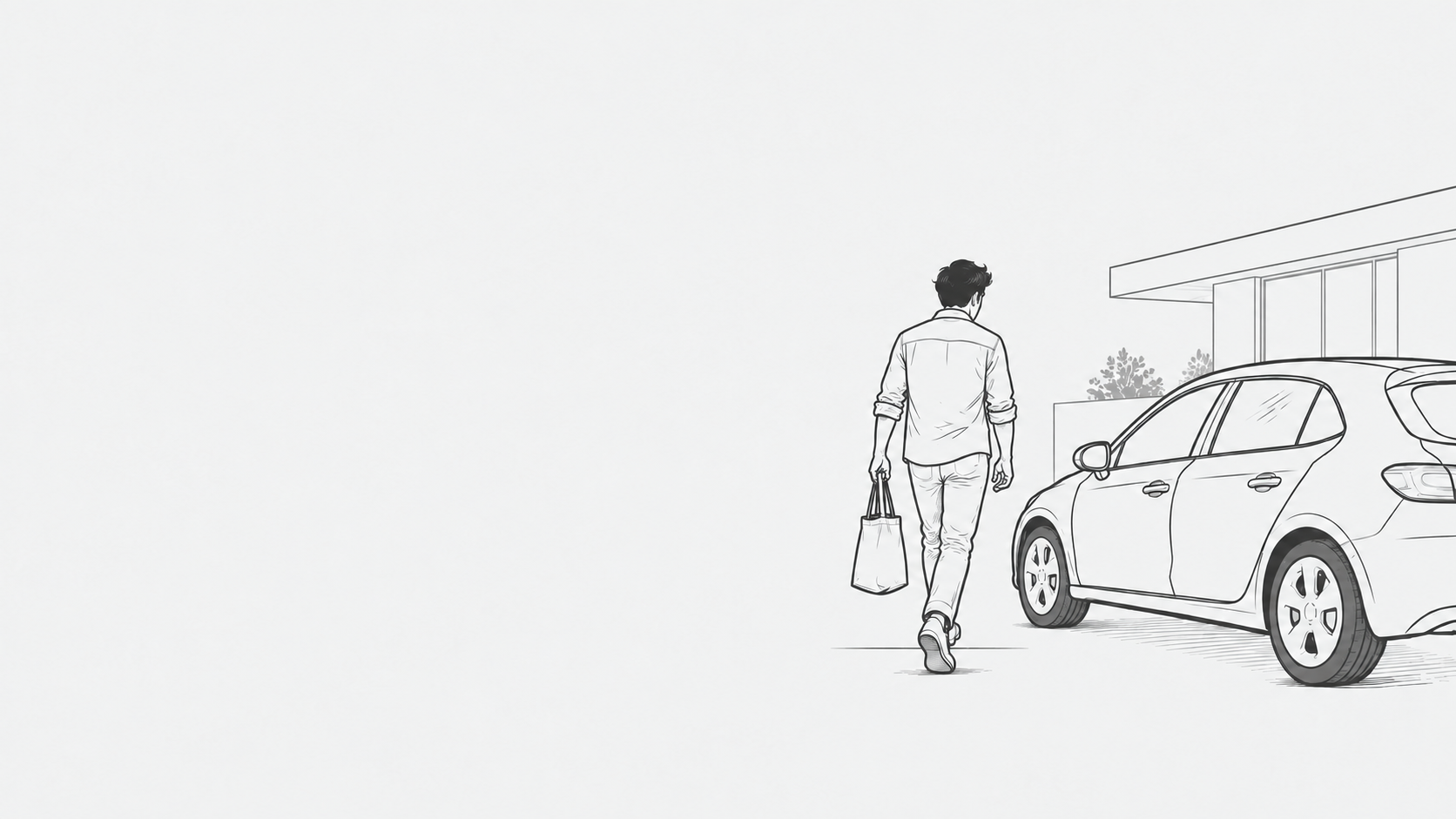 黑白线条插画：提着布袋的车主走向汽车